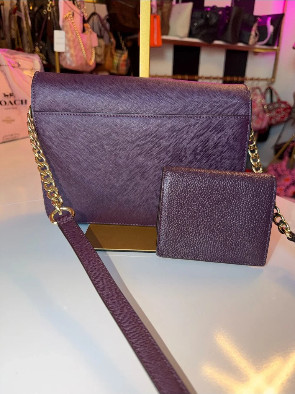 Michael Kors Plum Leather Shoulder Bag with Matching Wallet crossbody gold chain